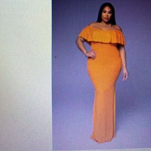 Tangerine Ruffled Off Shoulder Maxi Dress, Small